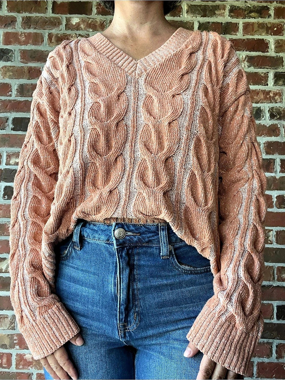 Free People Washed Cable V-Neck Sweater Cable Knit V-Neck Sweater Pink Small